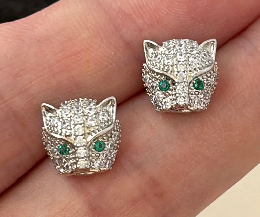 10mm CZ Leopard Head Stud Earrings for Men Women Streetwear Punk Hip Hop Unisex Silver