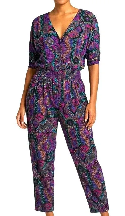 VTG En Focus Geometric Jumpsuit Purple L Rayon Southwestern Boho 90s USA Made