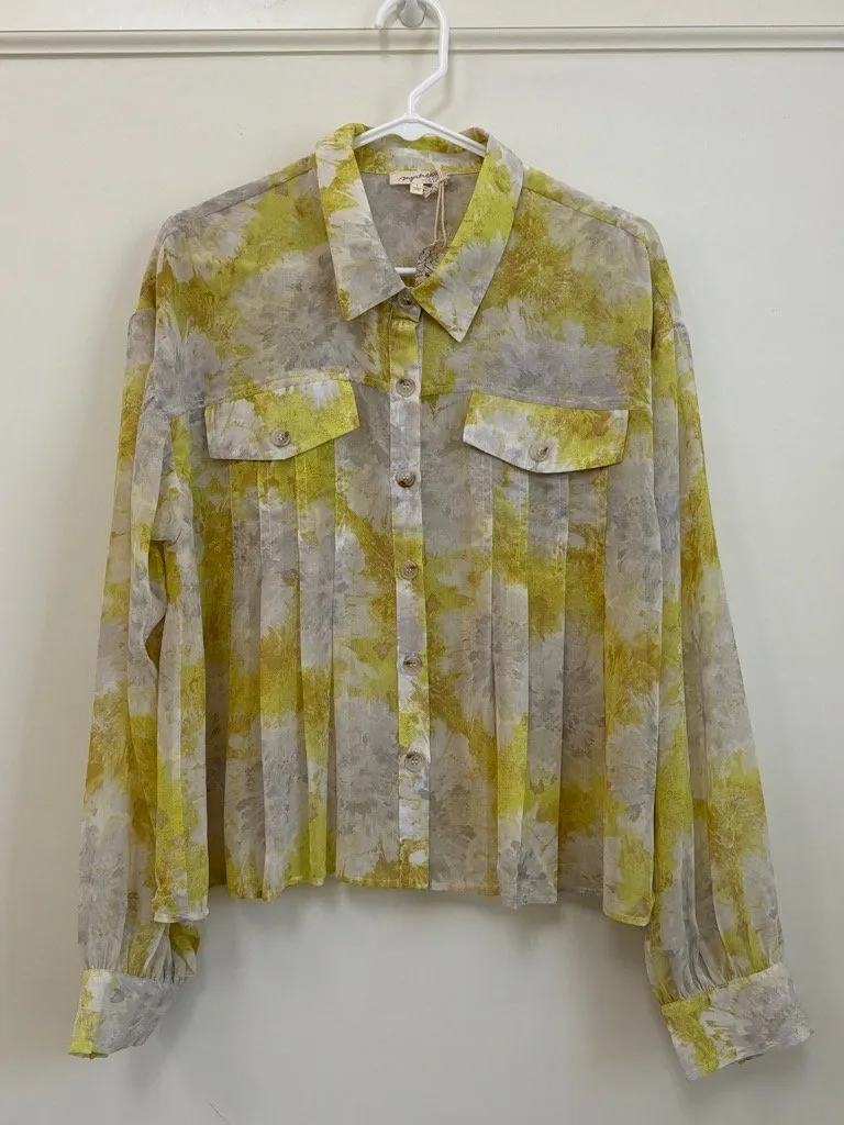 Mystree Yellow Gray Watercolor Pleated Sheer Button-Down Bubble Sleeve Top NWT L