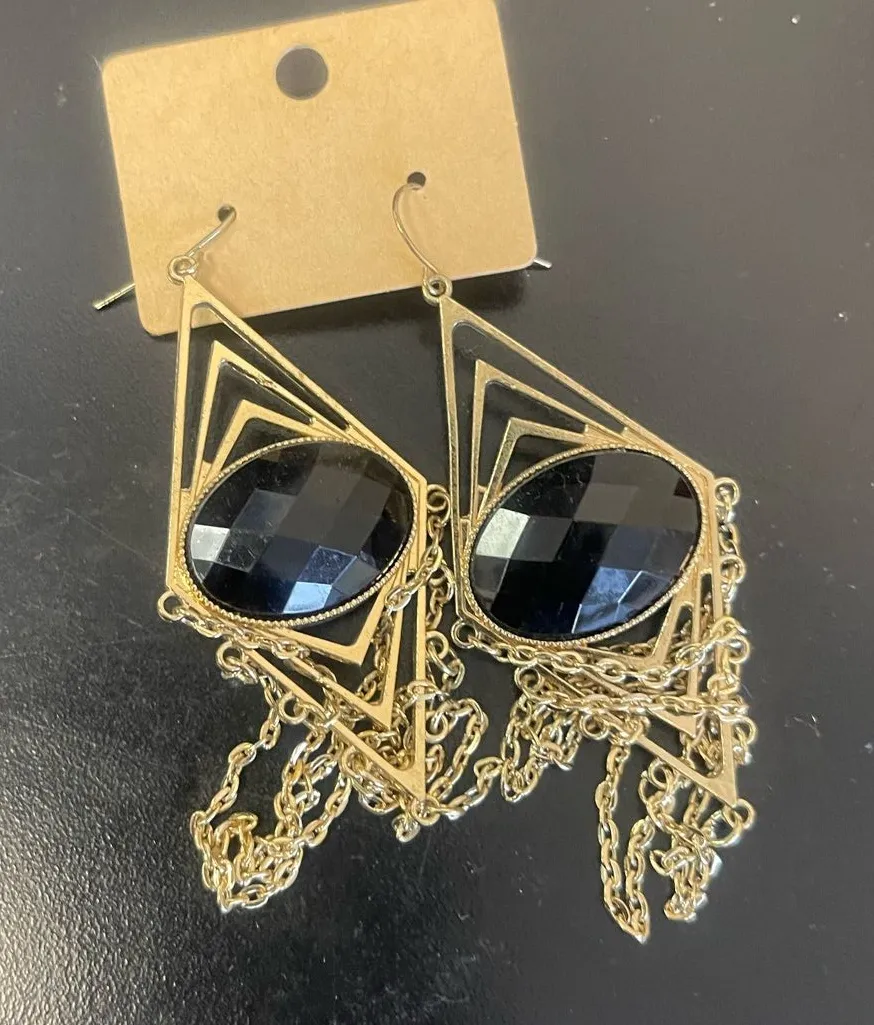 Gold Dangle Earrings with Black Faceted Stone