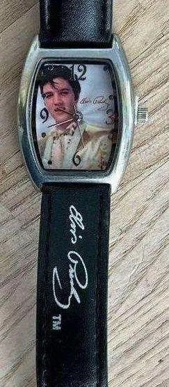 Elvis Presley Ladies Watch Silver Case Elvis Picture Dial Black Leather Strap