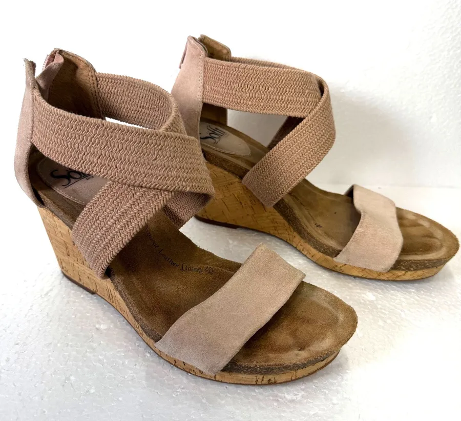 Sofft Chalette Strappy Wedge Sandals Women's 8.5 Beige Open Toe Cross Ankle