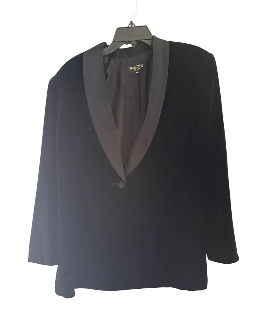 Tamotsu New York Womens Black Silk Blend Velvet Tuxedo Blazer Shawl Collar 14