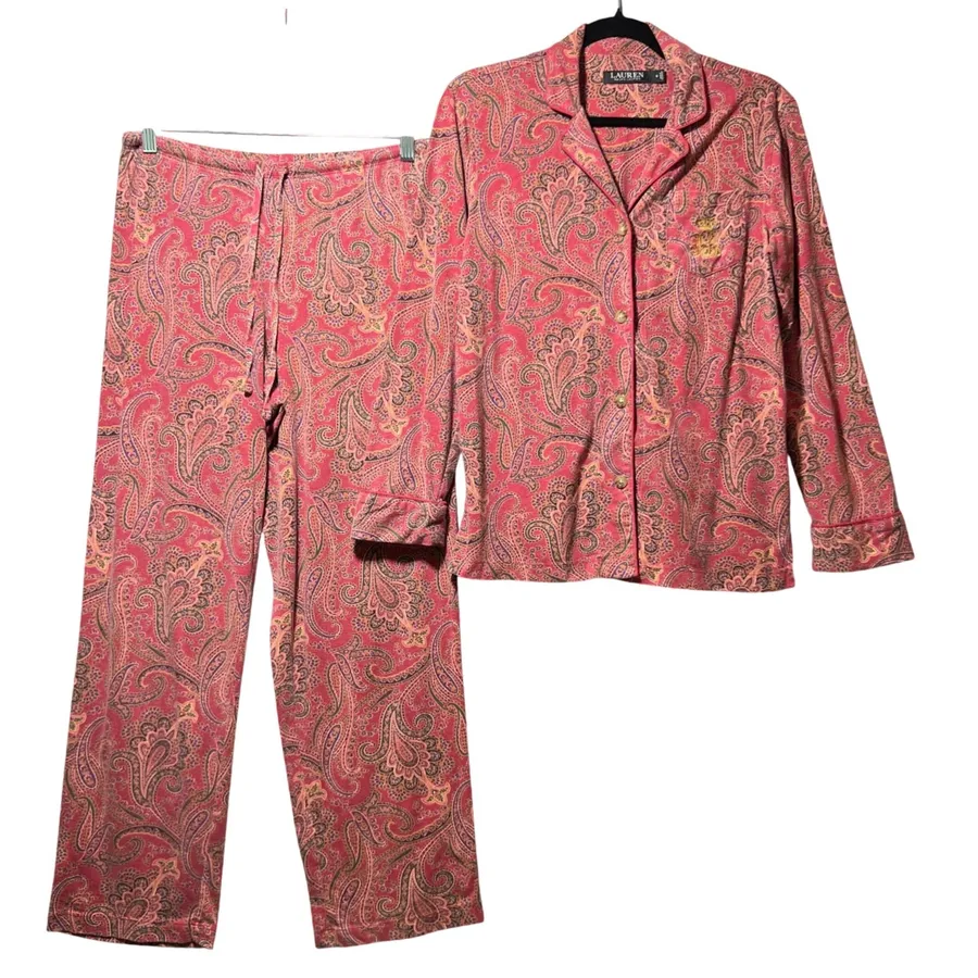 Lauren Ralph Lauren Red Paisley Pajama Pants Set Long Sleeve Button Up Small