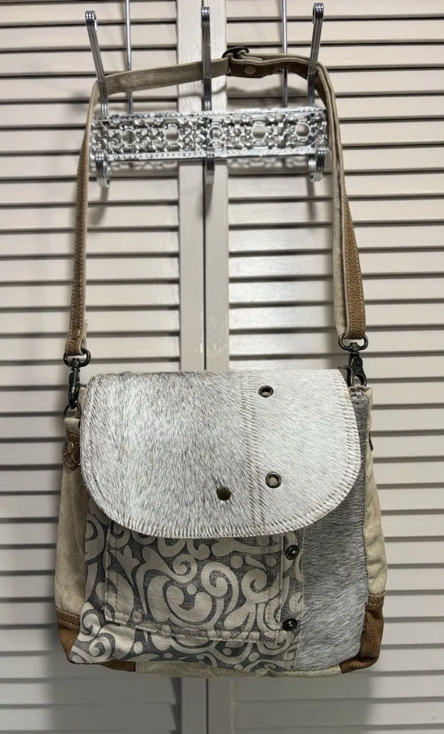 Myra Hair On Cowhide Leather Canvas Paisley Shoulder Bag Boho Gray/Tan Tan