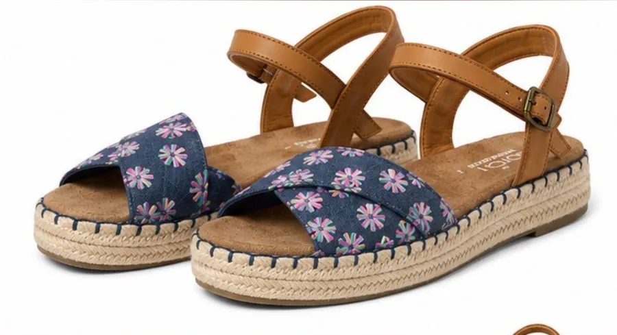Toms Navy Floral Espadrille Sandals with Tan Straps