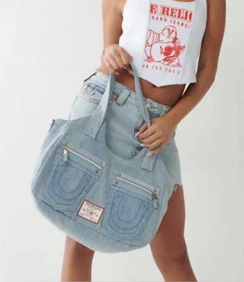 True Religion denim horseshoe tote bag purse shoulder bag satchel NWOT