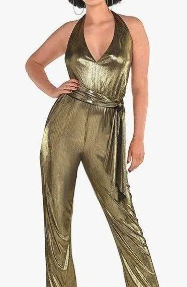 Disco Diva Gold Jumpsuit Costume 70s Groovy Adult Up to Size 8 NEW