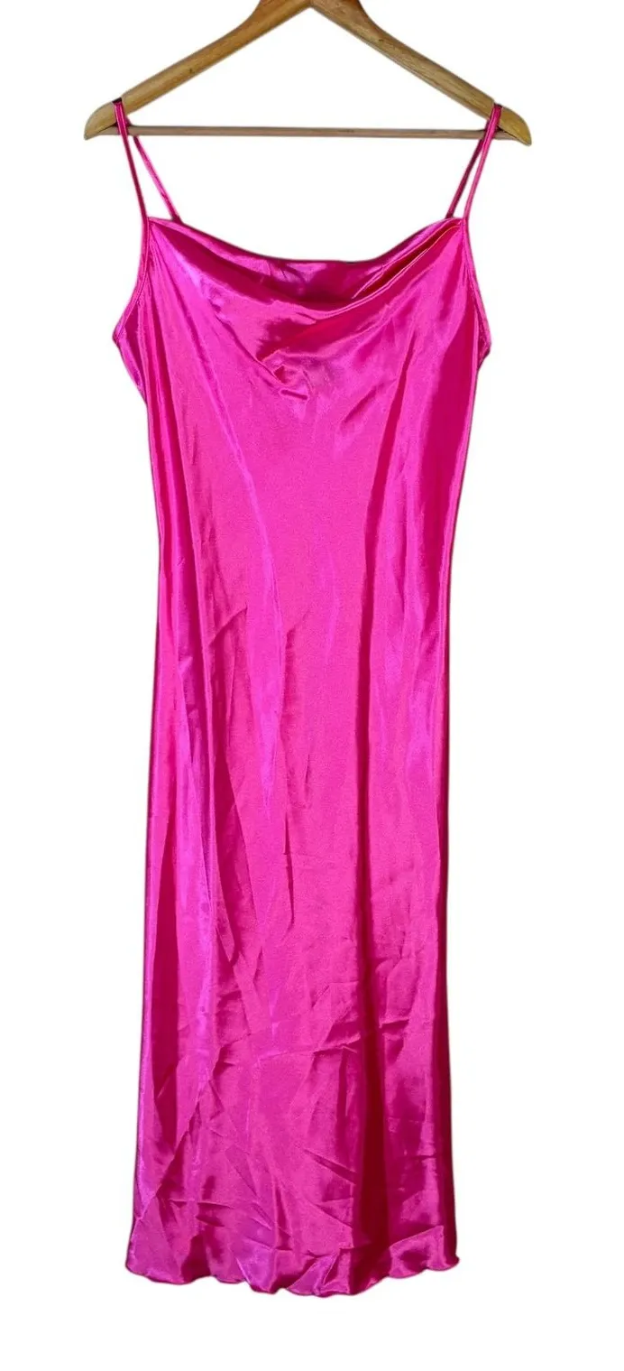Bebe Hot Pink Satin Cowl Neck Slip Midi Dress Sleeveless Small Made in USA
