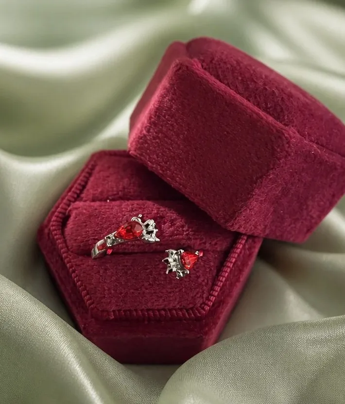 Stainless Steel Silver & Red Goth Style Embellished Ring Size 7