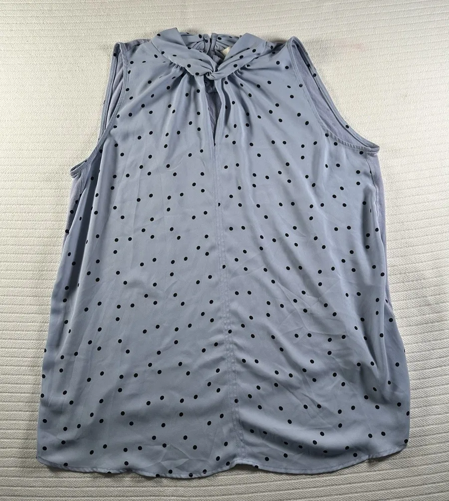 LOFT Women’s Medium Sleeveless Blouse Blue Black Polka Dot Tie Neck Career Top