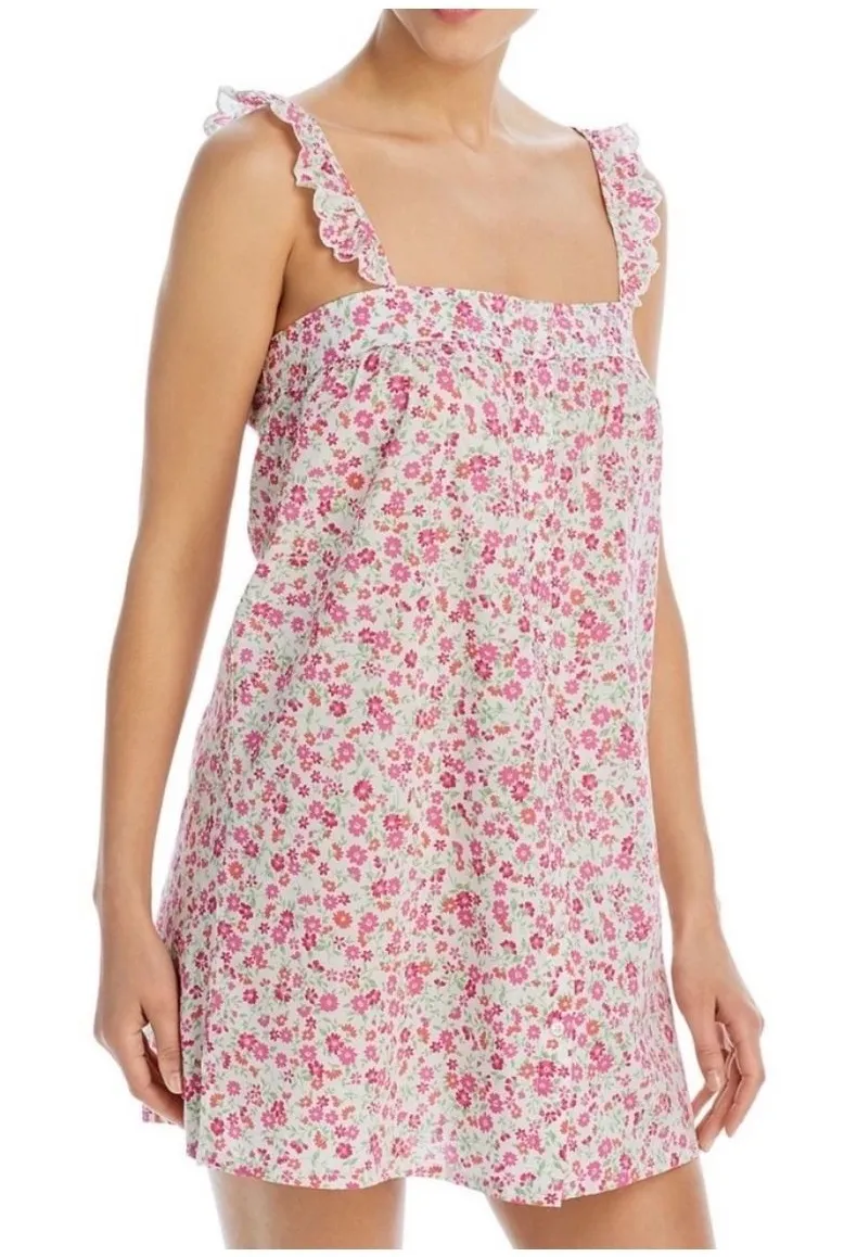 AQUA Sleep Flower Power Cotton Chemise Pink Floral Ruffle Nightgown Women Small