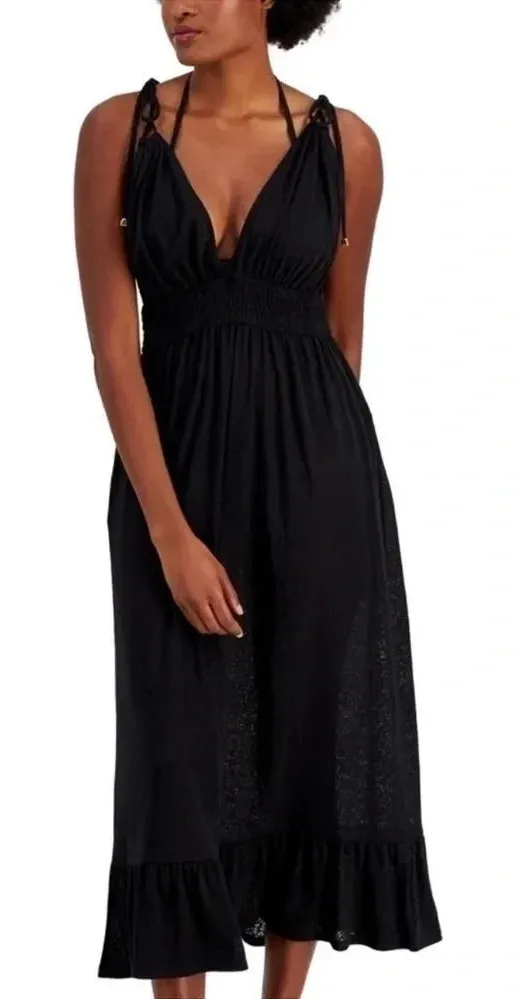 MIKEN Swim Cover Up Smocked Midi Dress Strappy Orchid Bouquet Black Size S NWT