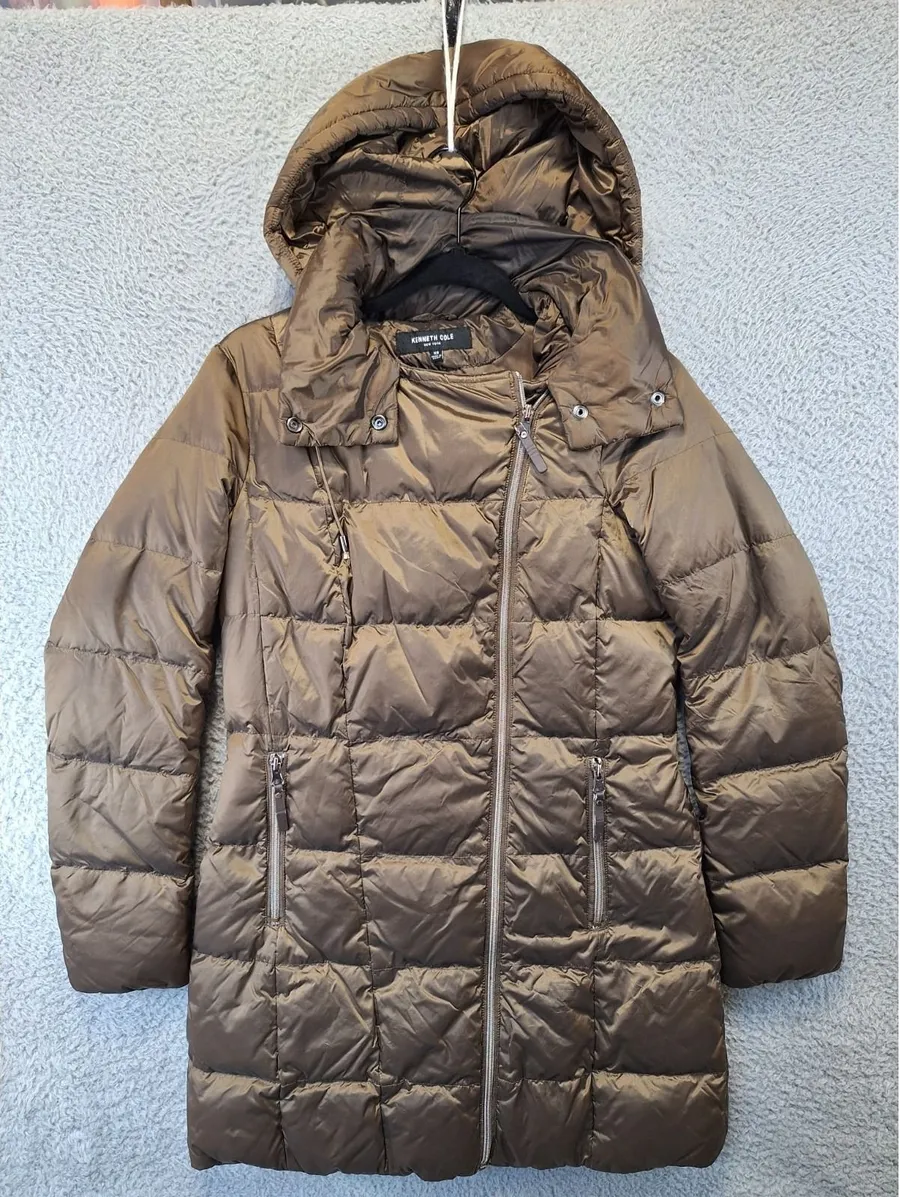 Kenneth Cole Puffer Jacket Womens XS Brown Hooded Asymmetrical Zip Outerwear