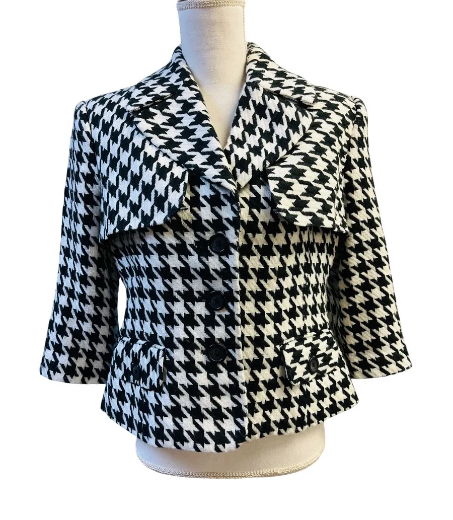 Vtg Bill Blass Jacket Large Houndstooth Cropped Structured Parisian Preppy Mod