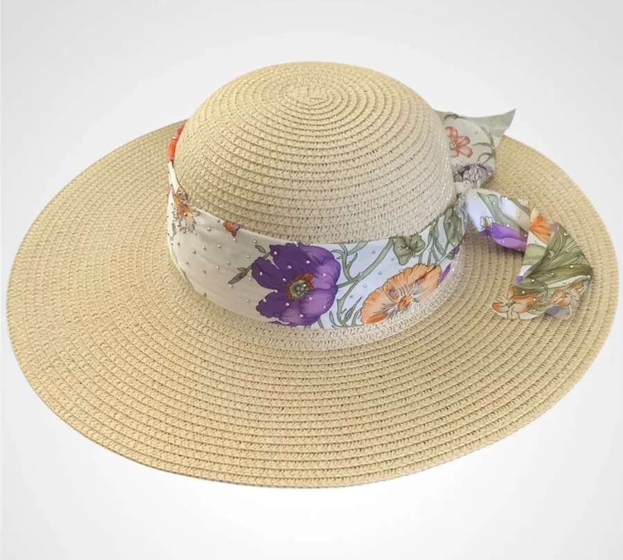 Adrienne Vittadini Beige Straw Sun Hat with Sparkly Floral Scarf