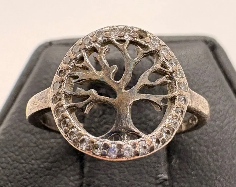 Sterling Silver 925 Tree of Life CZ Halo Ring Size 4 Spiritual Jewelry