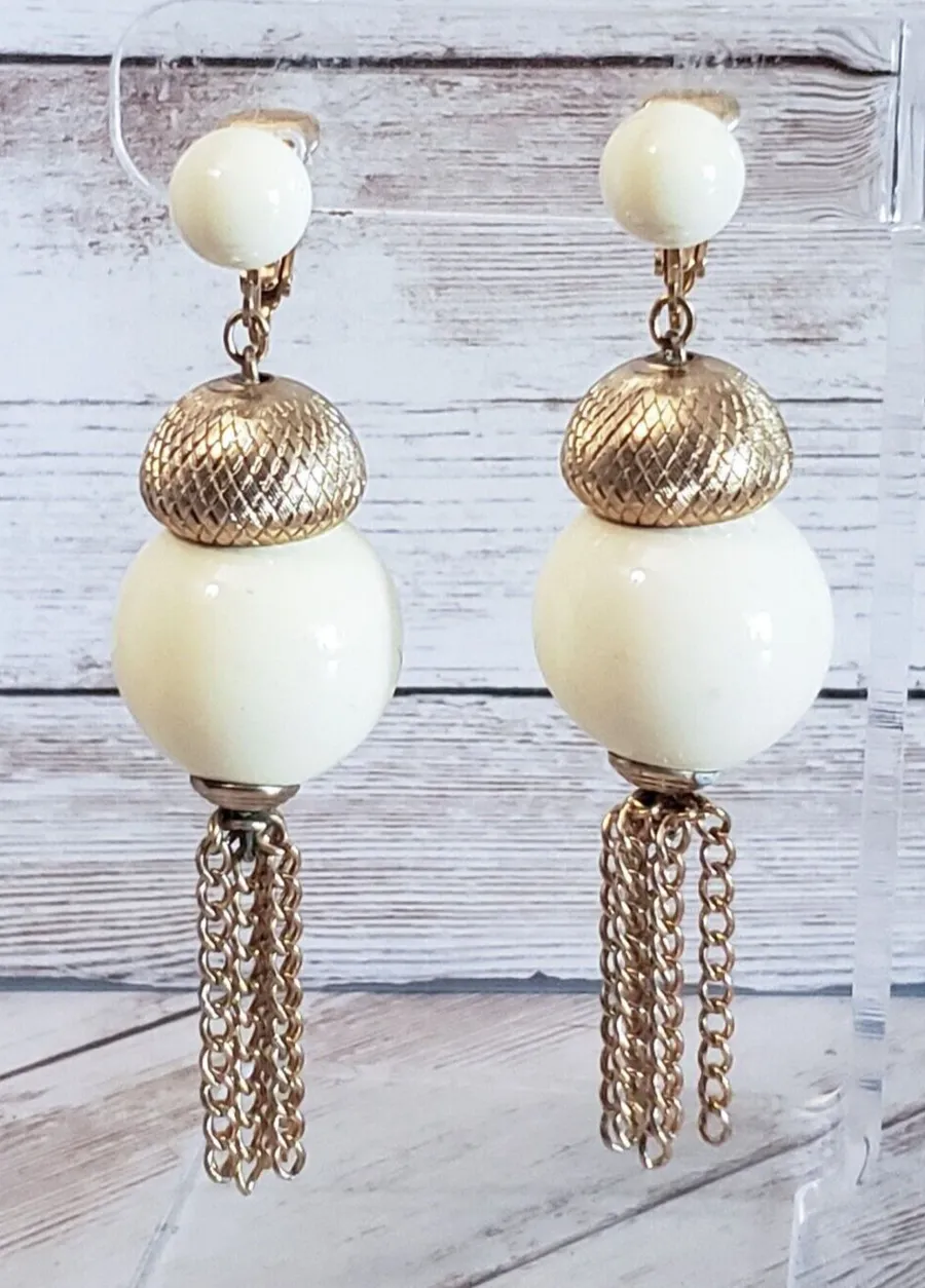 Vintage Clip On Earrings Dangle Cream Balls with Gold Tone Statement Extra Large