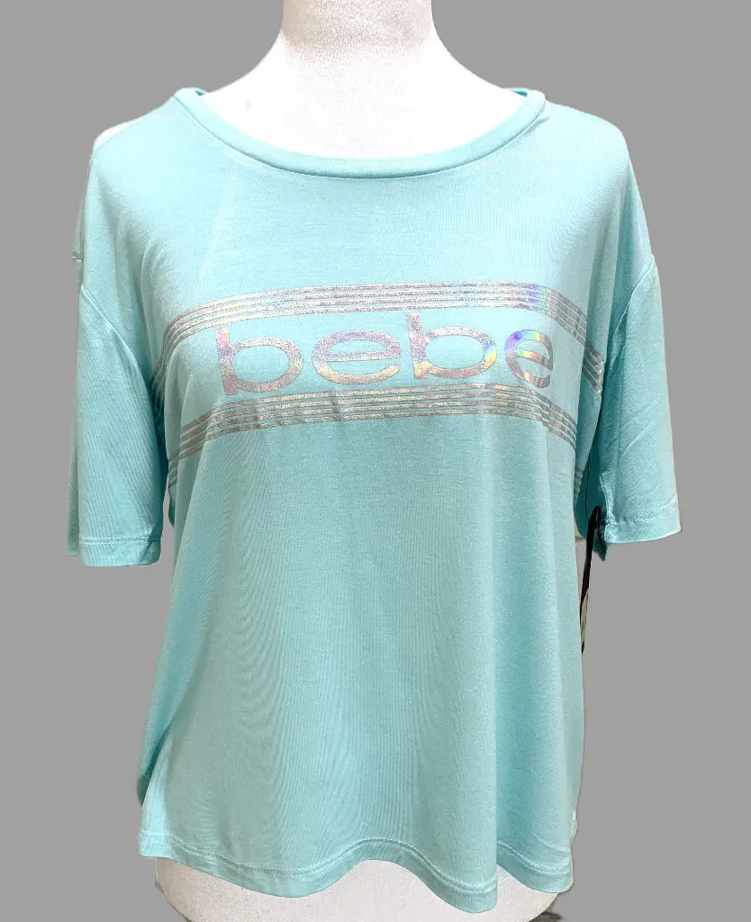 Brand New Women Active Bebe Shirt Blue Short Sleeves Reflective Stripes Size M