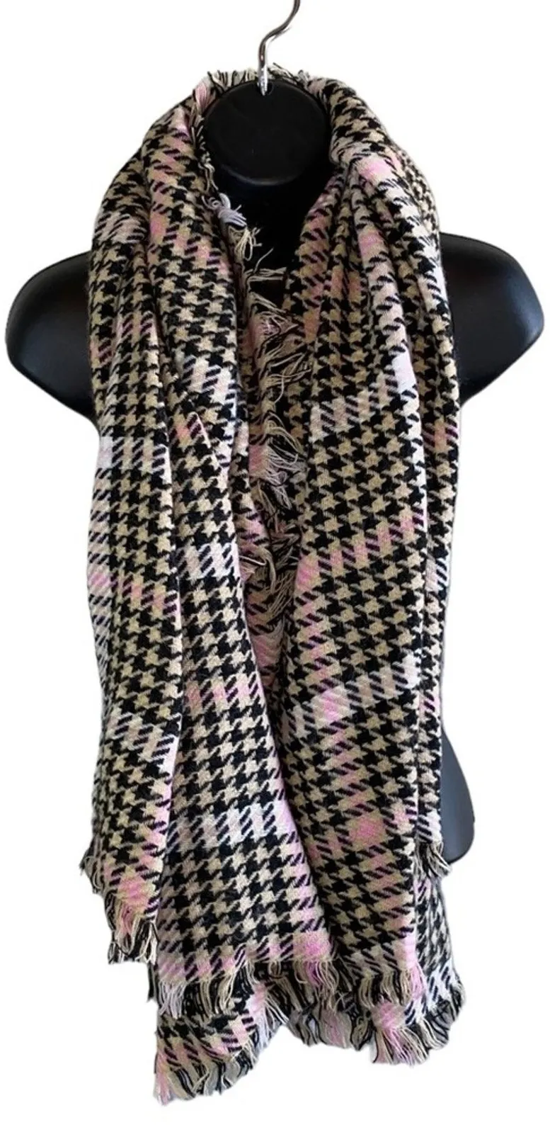 Houndstooth Plaid Fringe Scarf Beige Black Pink Cozy Winter Blanket Scarf