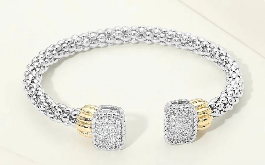 14K Gold Plated Two Tone Pave Rectangle Top Braided Cuff Bracelet