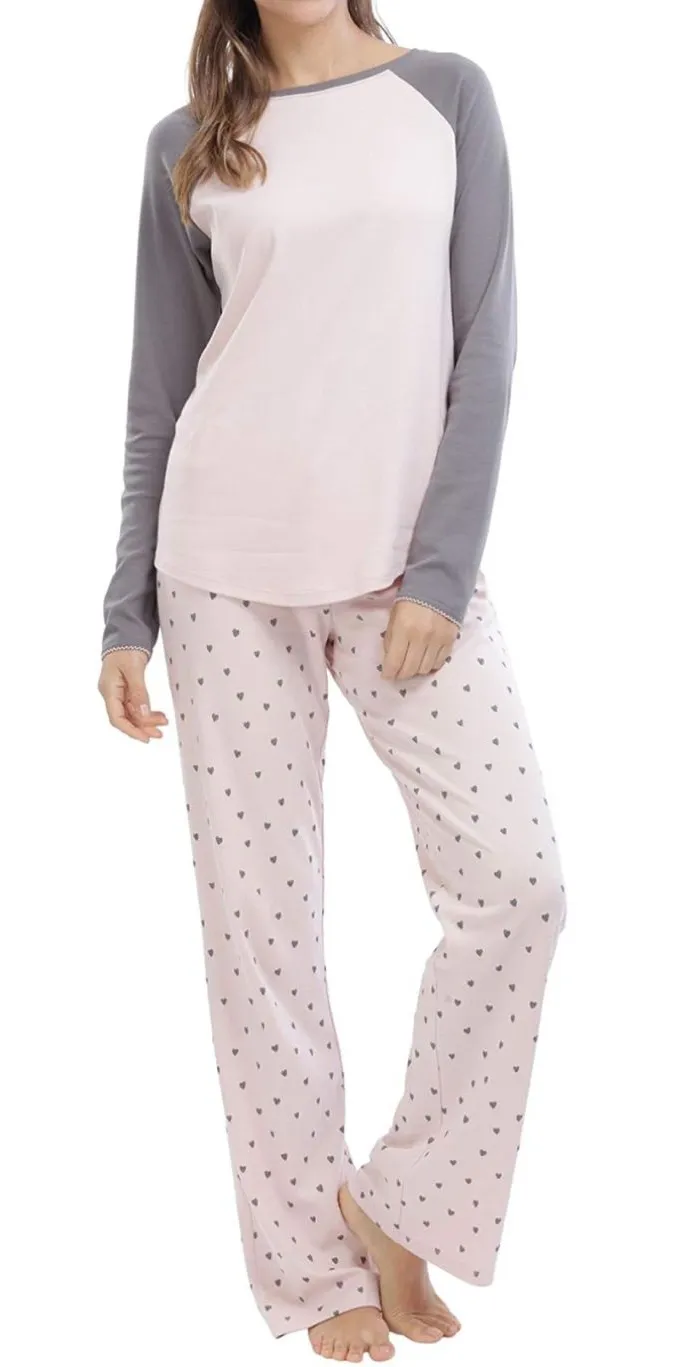 Jijamas Pajama Set Hearts Print Pima Cotton Size Medium Tall Pink Gray