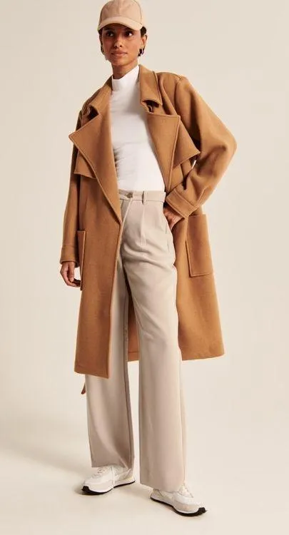 Abercrombie & Fitch Crossover Waist Tailored Relaxed Straight Trouser Pant Beige