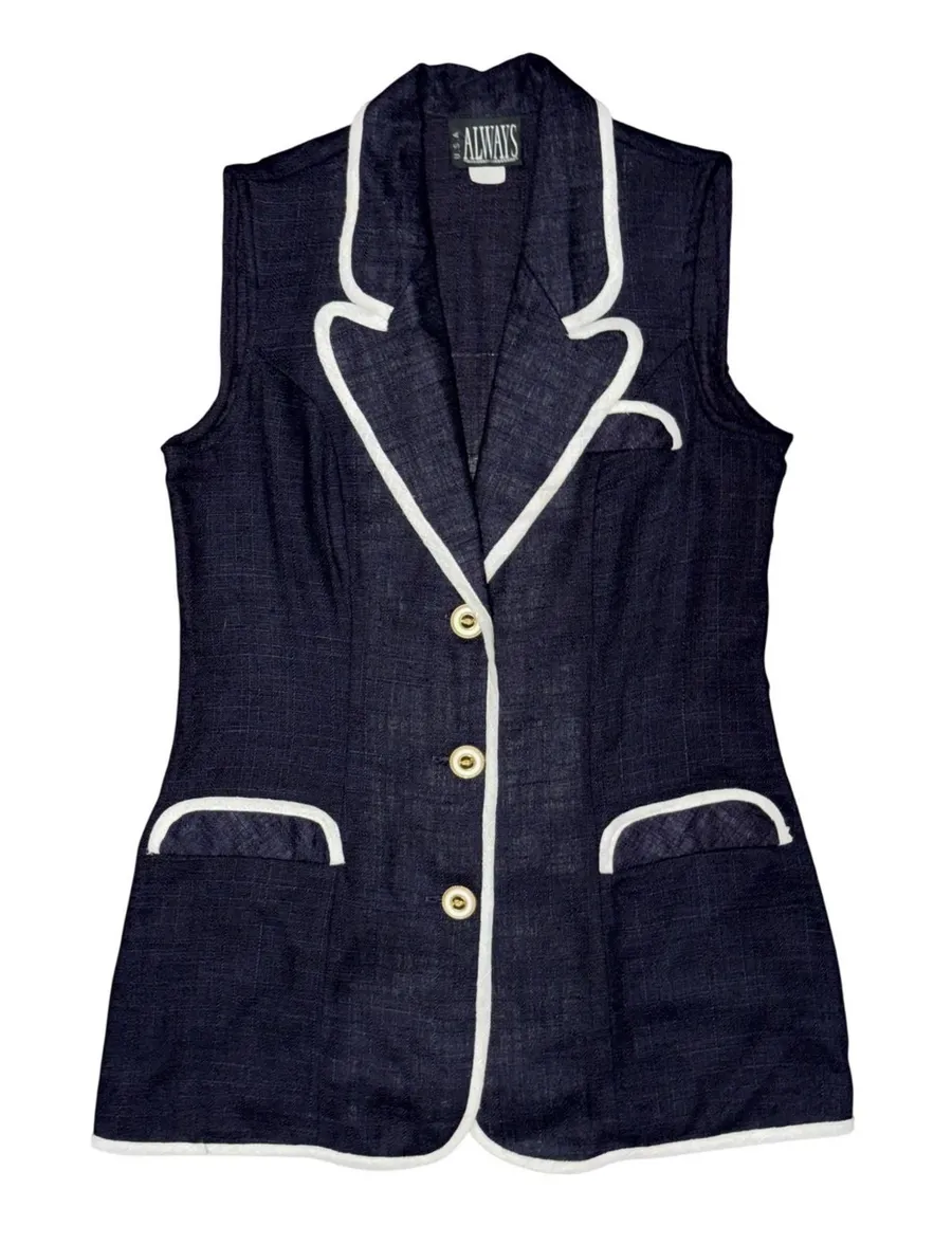 Vintage Navy Linen Sailor Sleeveless Vest Nautical Coastal Old Money Retro Pinup Blue