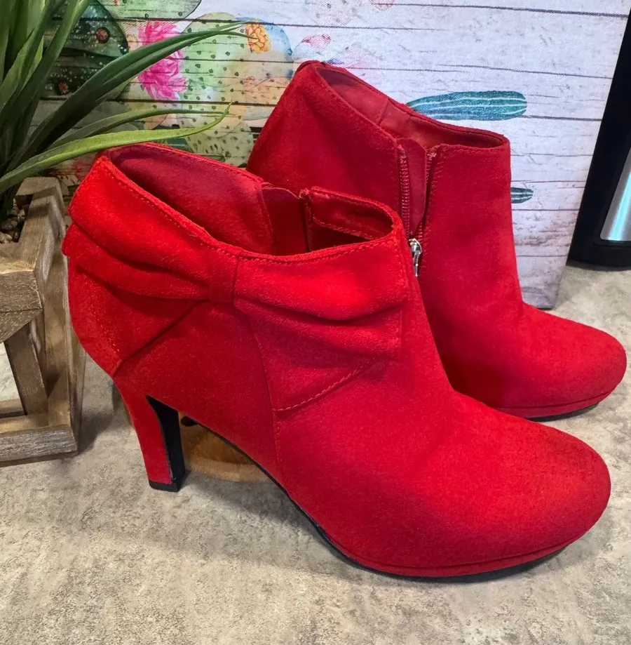 Xappeal Billie Red Ankle Boots with Bow Detail and Suede like Texture Size 10