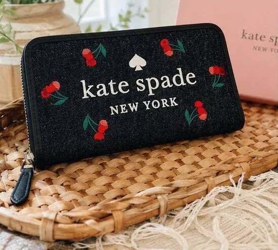 Kate Spade Denim Cherry Zip Around Wallet NWT