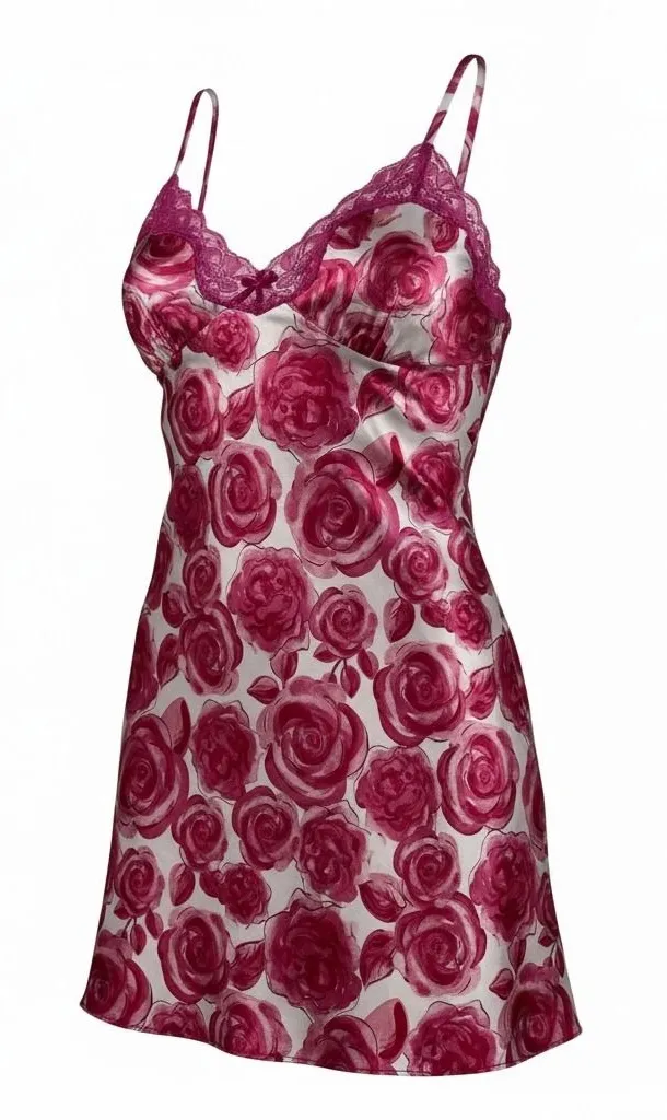 Ambrielle Pink Floral Lace Trim Satin Nightgown Slip Dress Chemise Lingerie M Size undefined