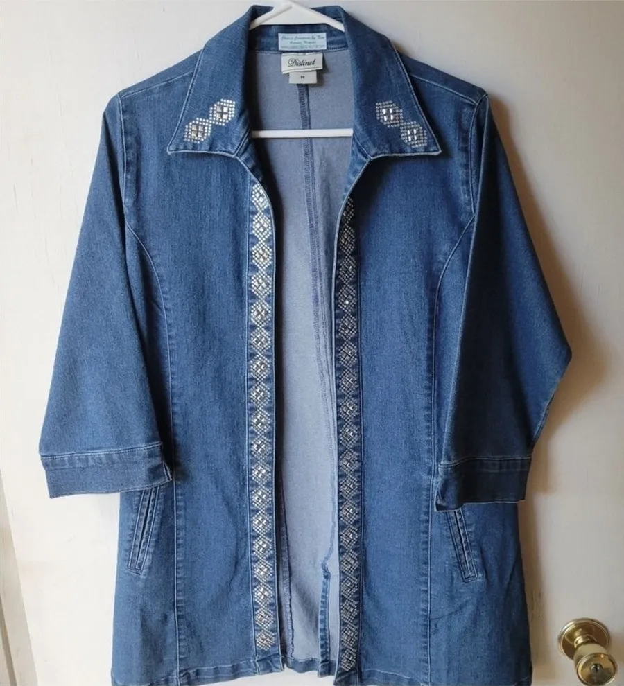 EUC Distinct Classic denim open jacket M urgly Diamond Embellished Boho Office Blue Size M