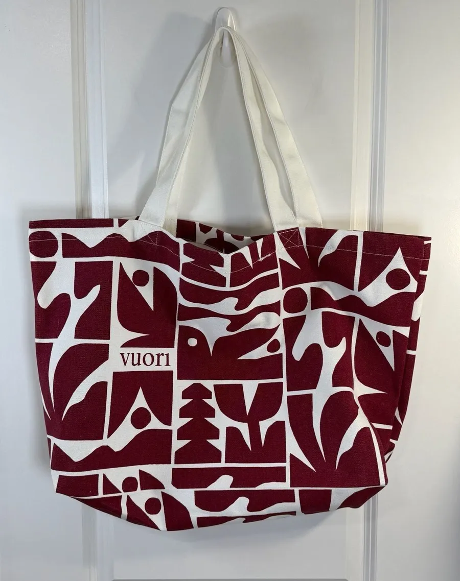 Vuori Canvas Tote Bag and Matching Zipper Pouch Set Burgundy White Geo Print