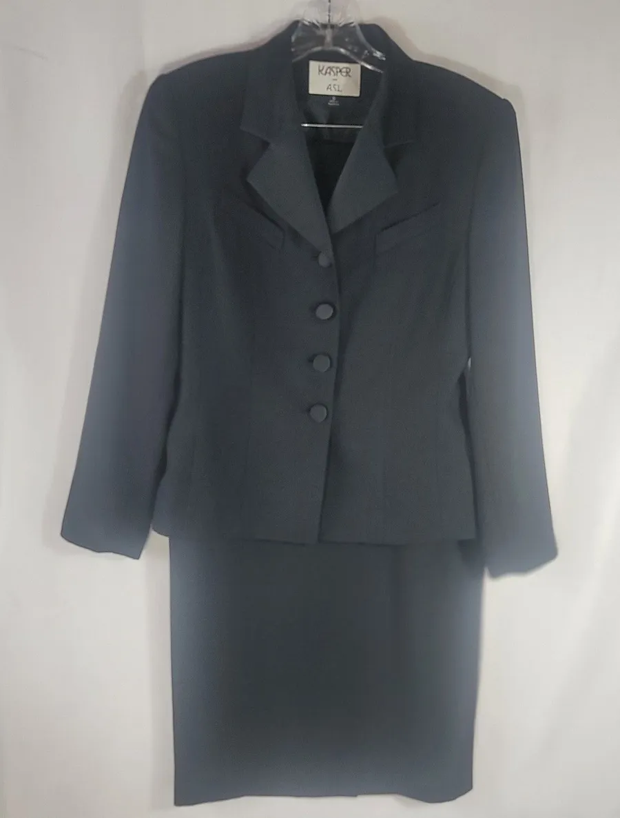Vintage Kasper ASL Black 2-Piece Blazer & Pencil Skirt Suit Set Satin Collar 6