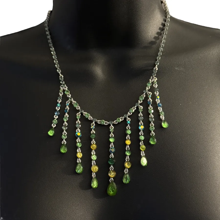 Silver tone green, yellow and blue rhinestone fringe necklace and earrings set Green