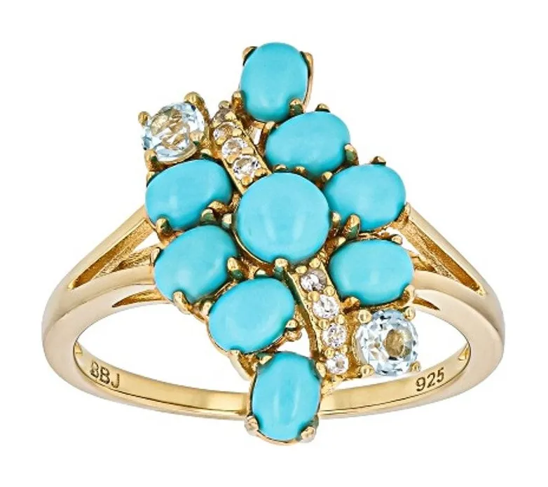 Sleeping Beauty Turquoise White Sky Blue Topaz 18k Yellow Gold Over Silver Ring