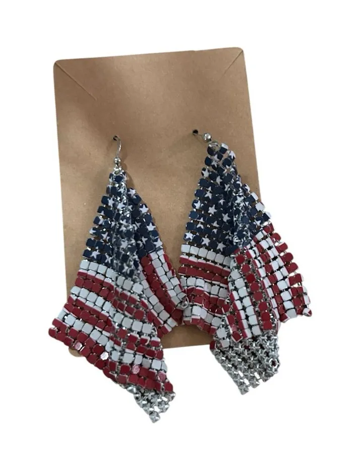Patriotic USA American Flag mesh drop earrings feature a flowy design Red