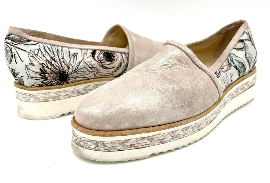 Michele Lopriore Loafer Shoes Womens 9.5/10 Pink Floral Metallic Platform READ