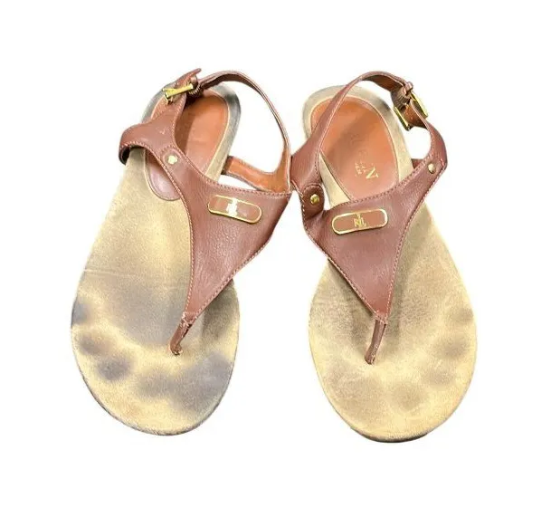 Ralph Lauren Lauren Kacy womens brown faux leather thong sandals sz 7.5B SK10663