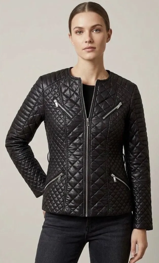 Via Spiga Quilted Moto Jacket Black Pink Lining Belted Puffer Size XS