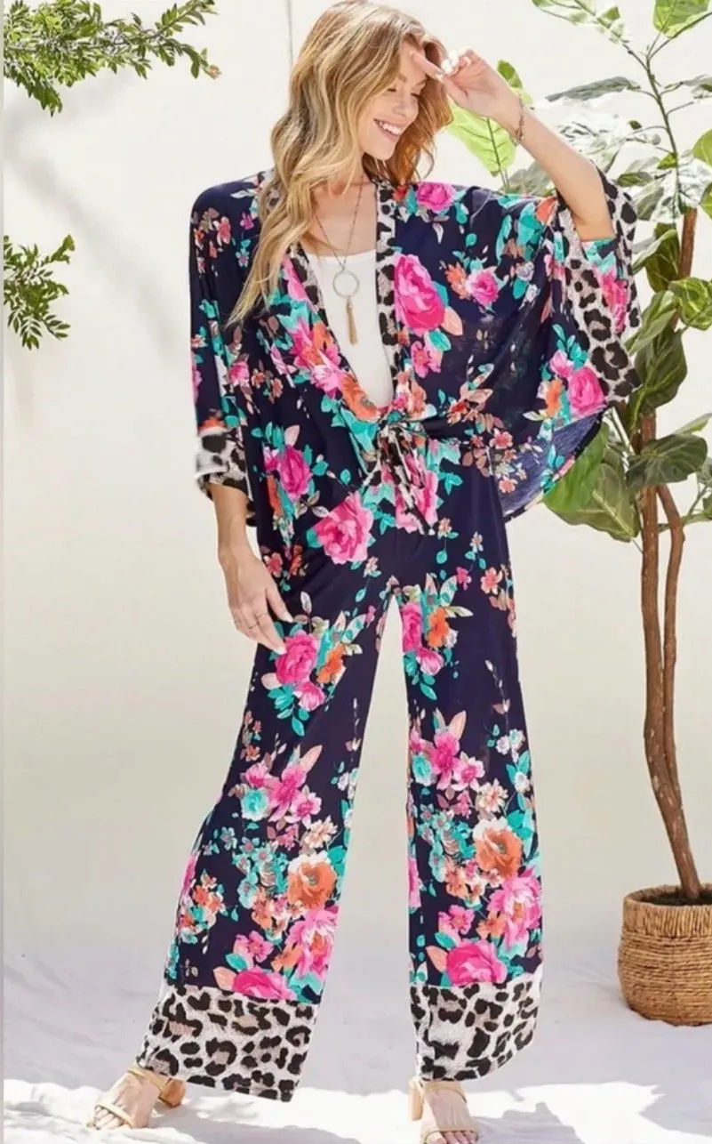 Bohemian Style Floral Wide-Leg & Kimono Top