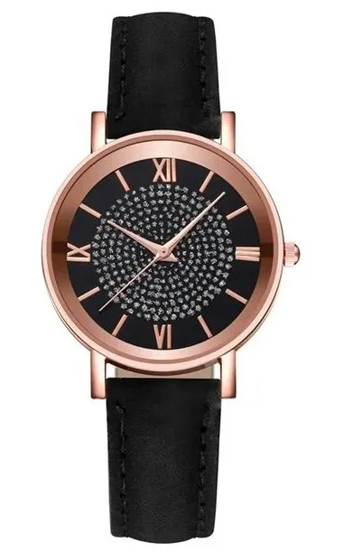 NEW Women's Crystal Accent Rose Gold Watch with Black Leather Strap