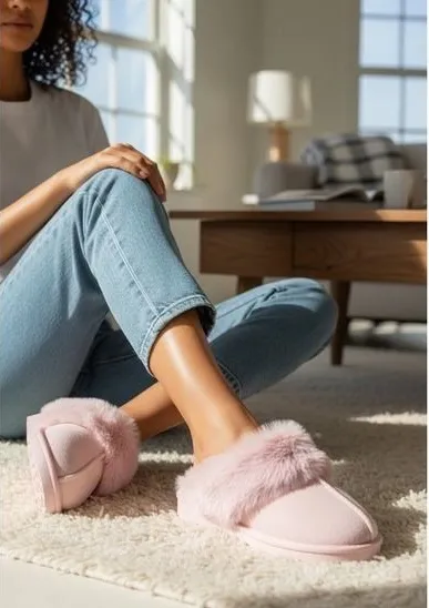 WildDiva Forest Fur Trim Pink Slide Slippers Comfort Cozy Mules Size 8