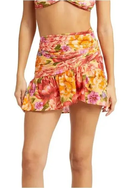 FARM Rio Lia Pink Orange Yellow Floral Ruffled Swim Coverup Skirt Small