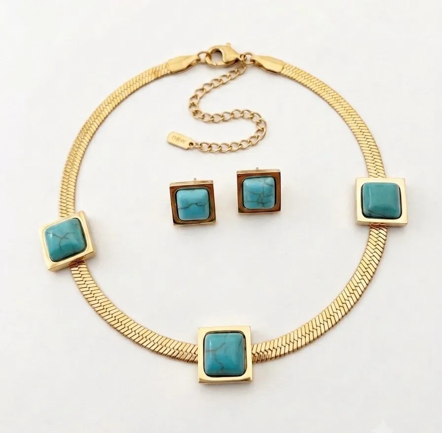 18K Gold Plated Snake Turquoise Bracelet SET Stainless Steel Womens Jewelry Blue