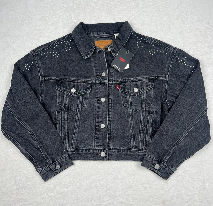 Levi’s Shrunken ’90s No Pleat Bejeweled Trucker Jacket Charcoal NWT L