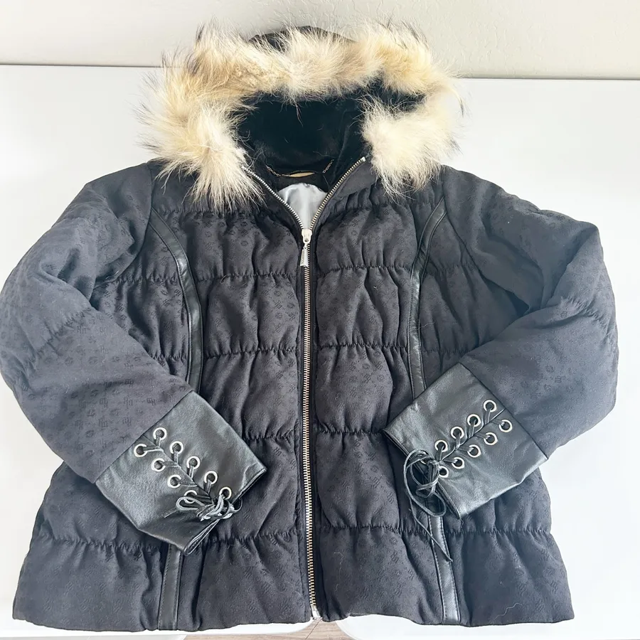 Rocawear Womens Y2K Monogram Leather Lace Up Fur Hood Down Puffer Jacket XXL