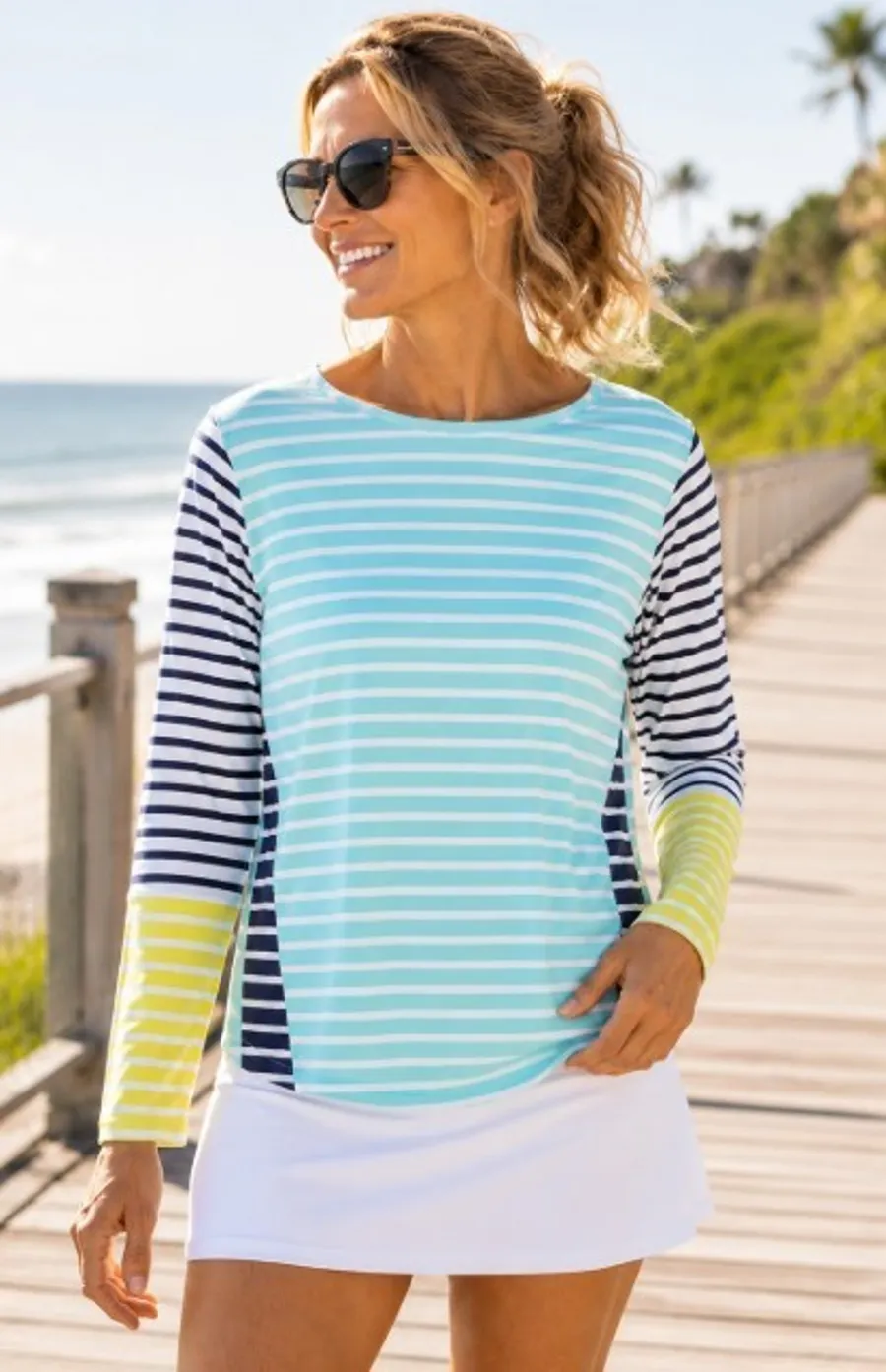 Lands End Womens Large Striped Long Sleeve Rash Guard Swim Shirt Blue Navy beach