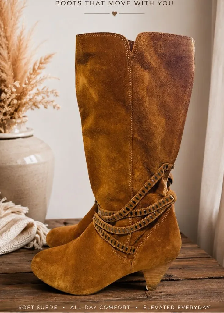 EXPRESS Suede Studded Strappy Cone Heel Boots Brown Sz 10 90’s, Y2K, Carmel