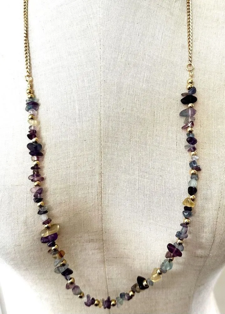 Gold tone natural stone amethyst beaded necklace